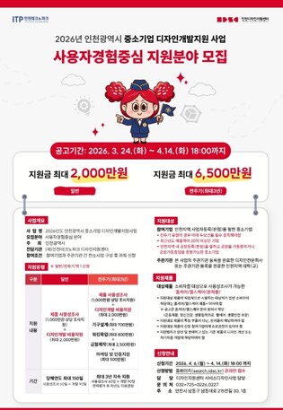 인천TP, ‘2026년 중소기업 디자인개발지원사업 사용자경험중심 지원분야’ 참여기업 모집